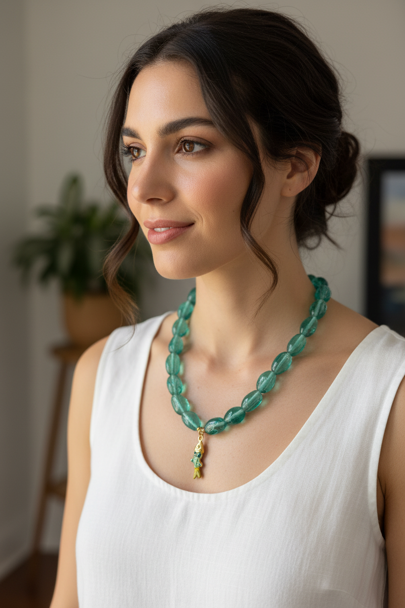 Woman wearing teal glass beaded necklace with fish pendant