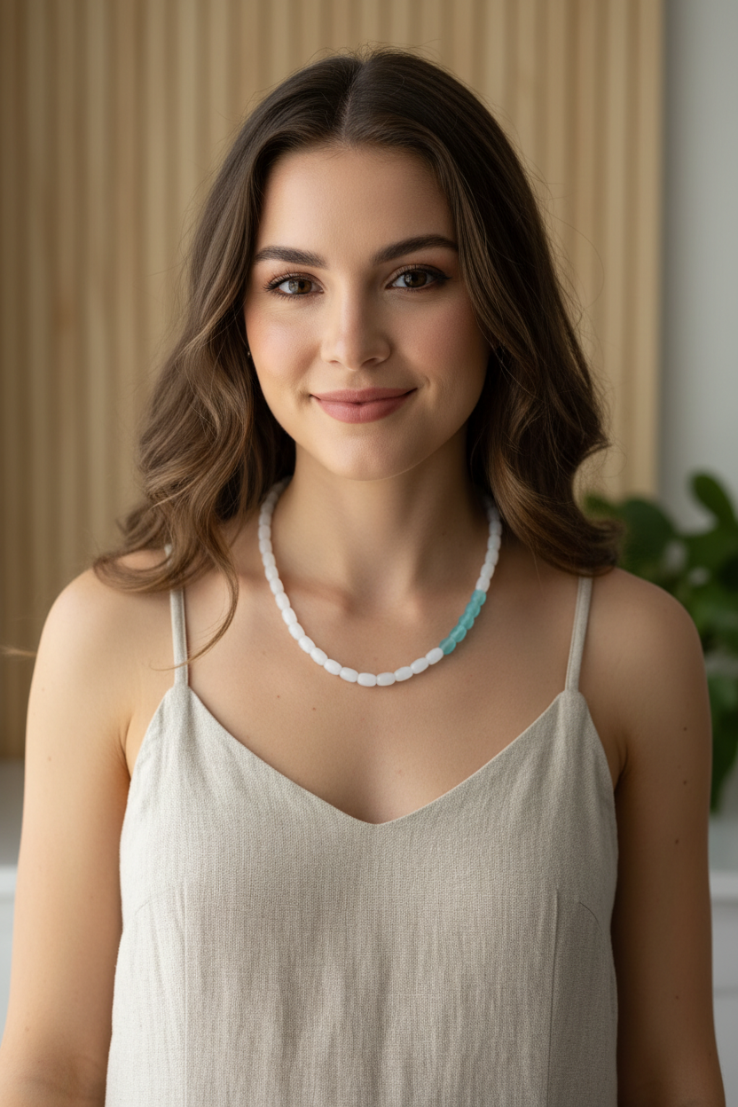 A beaded white jade necklace with a section of teal beads on a model in a linen dress.