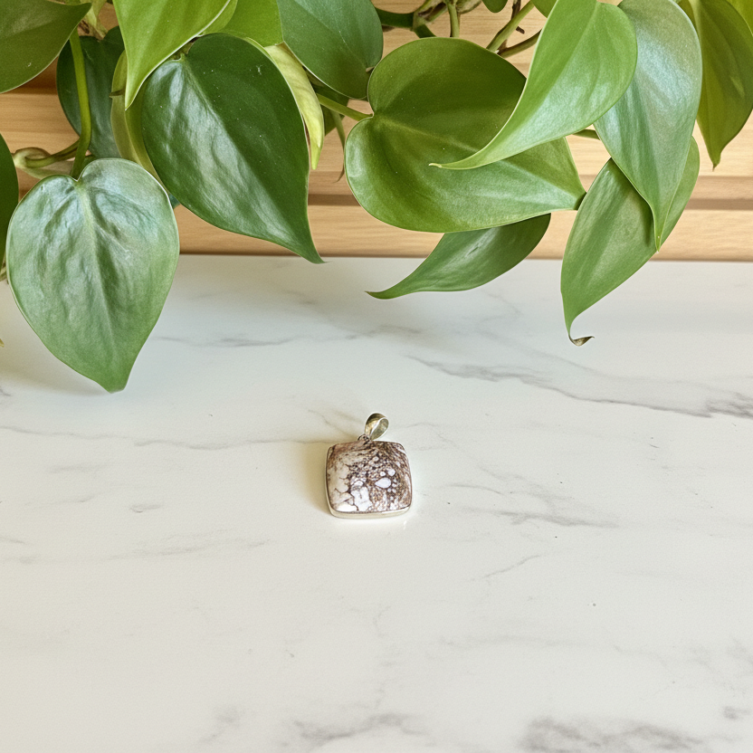Wild Horse Jasper pendant on a white counter with green leaves in the background