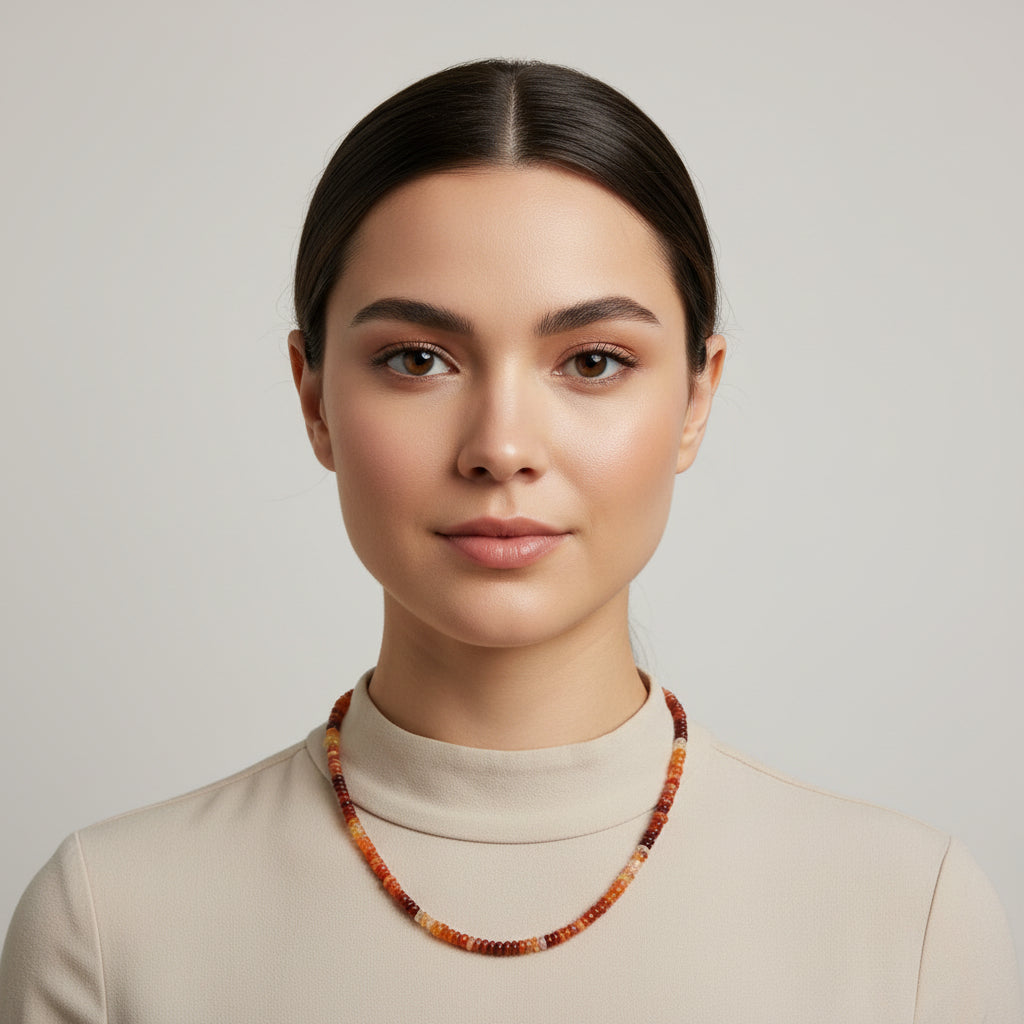 Necklace with multicolored beads on a model
