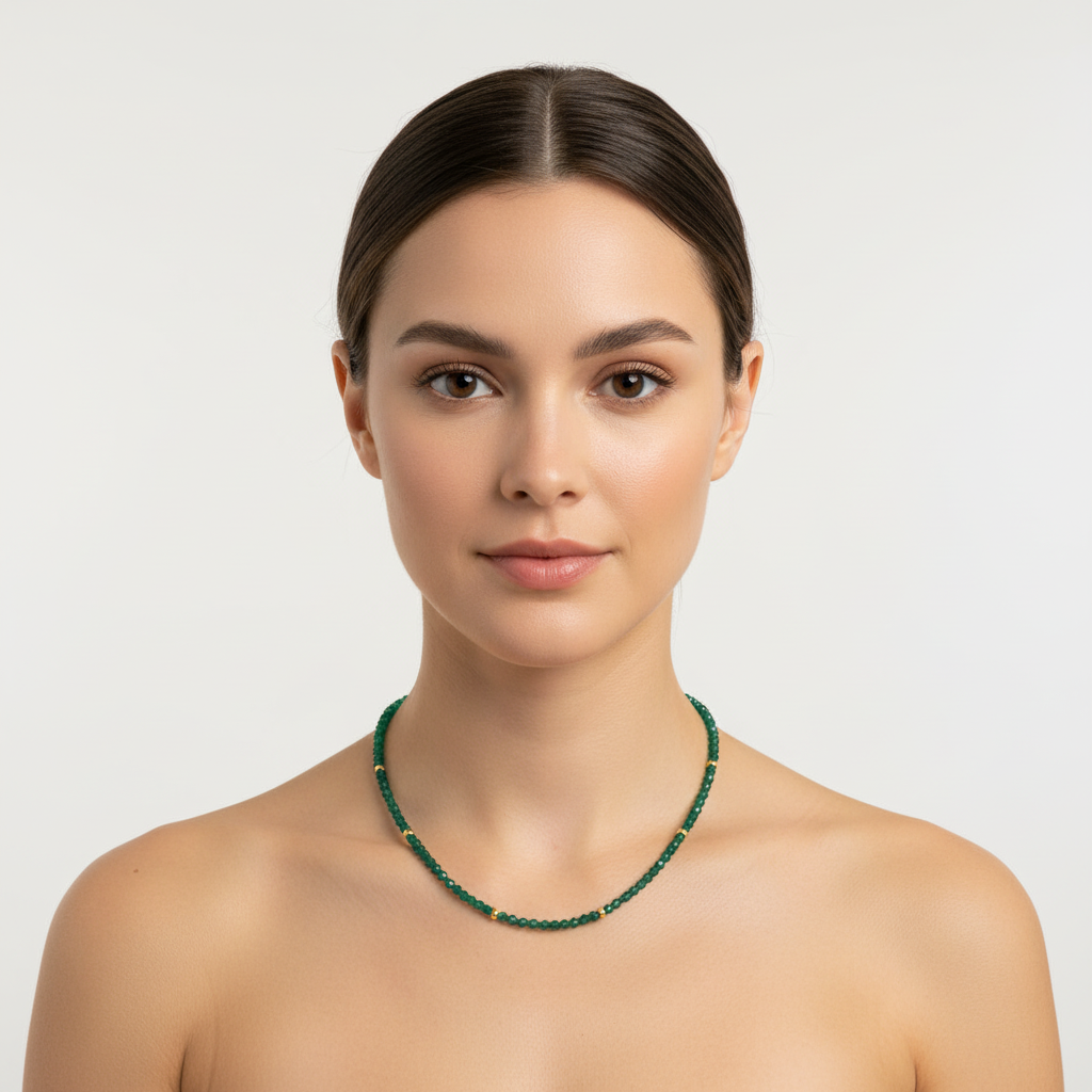 Green beaded necklace on a model