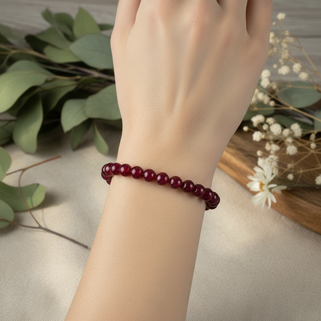 Hand wearing a red beaded bracelet with a natural background