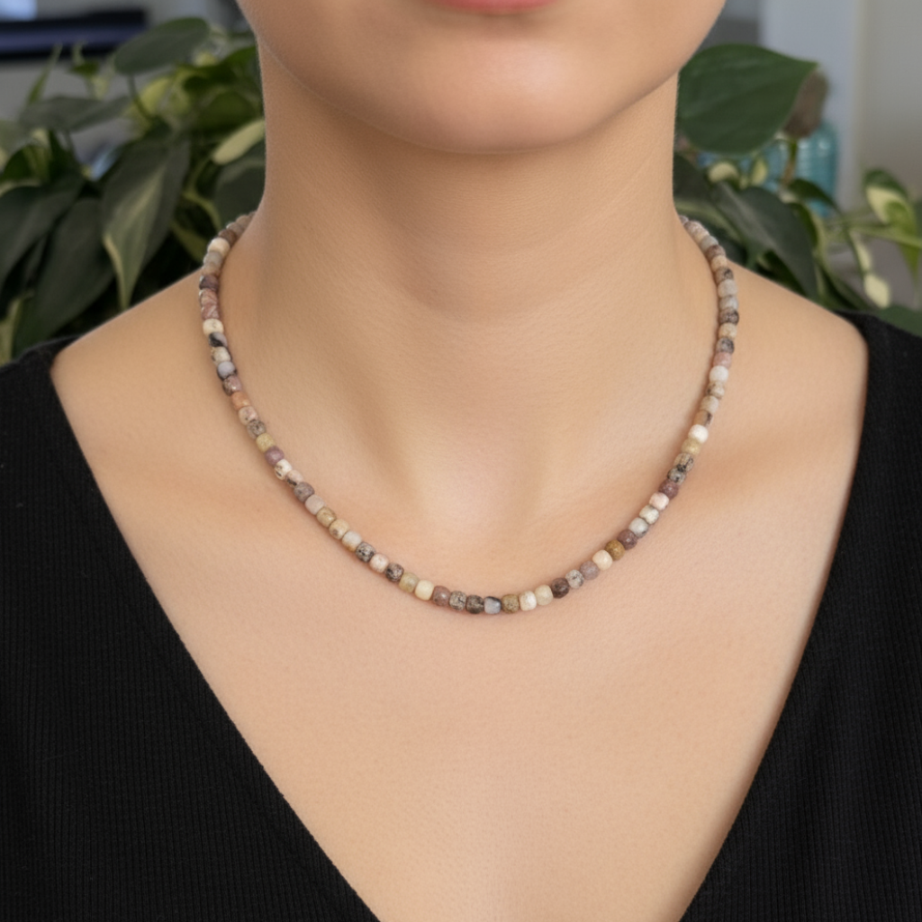 Necklace with multicolored beads on a model