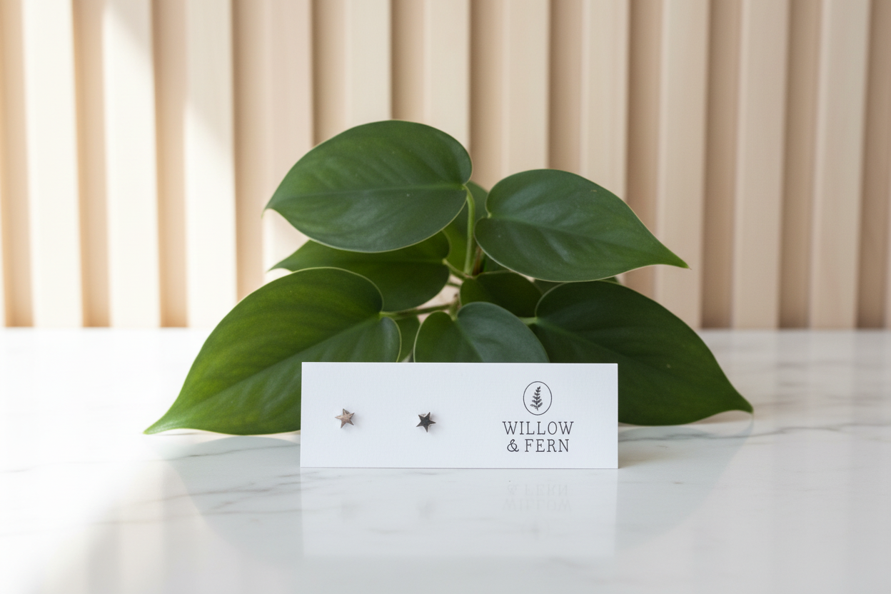 Pair of star earrings on a white countertop with a plant in the background