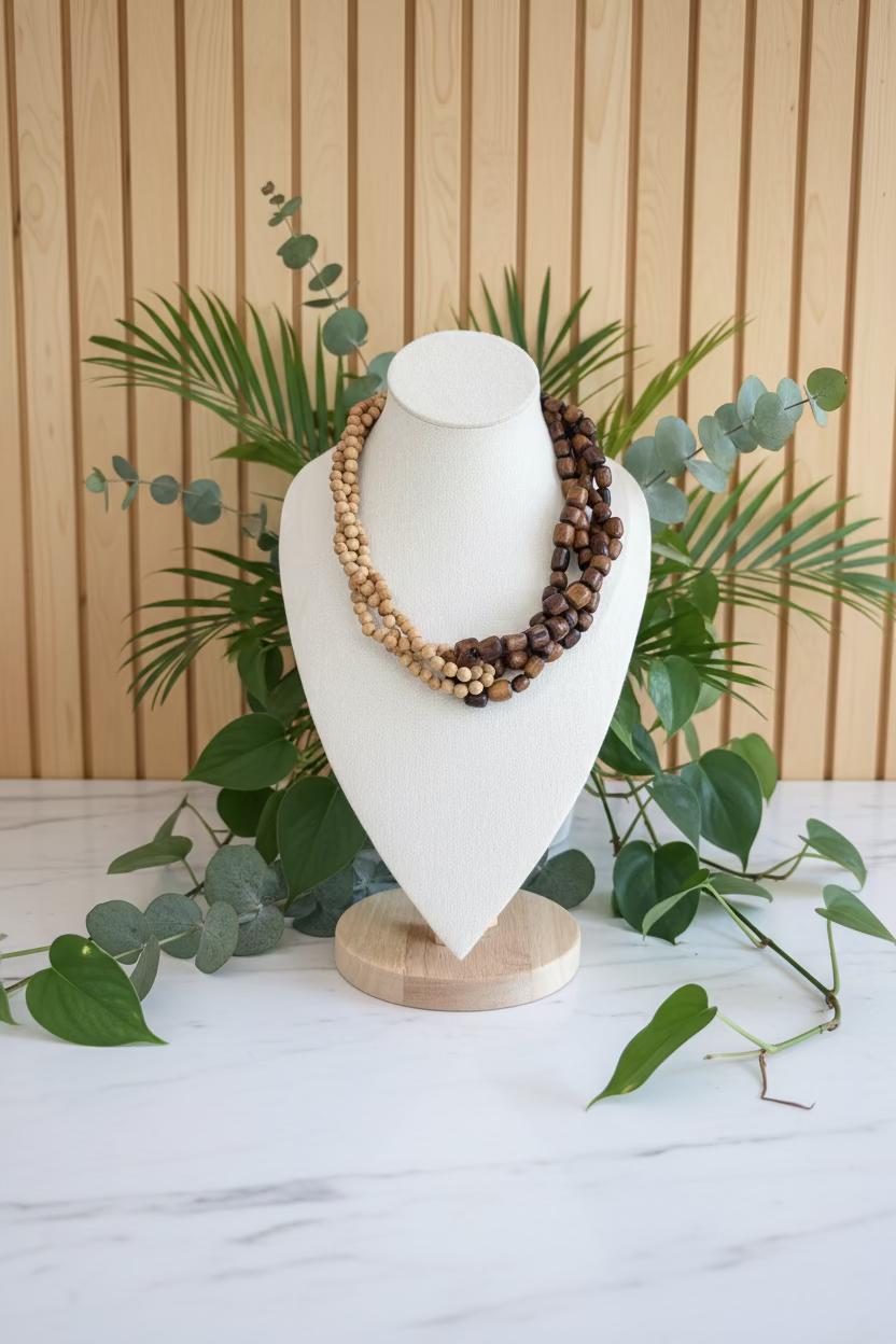 A multi-strand wooden bead necklace displayed on a white fabric jewelry bust, set on a wooden table with green plants in the background.