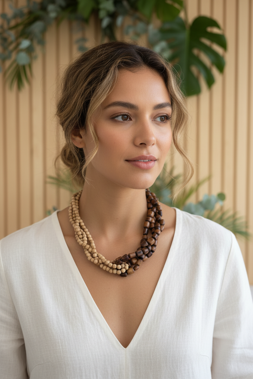 A multi-strand wooden bead necklace on a model