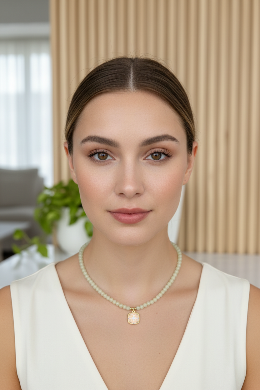 A yellow beaded necklace displayed on a model