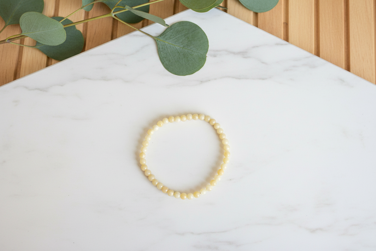 Yellow beaded bracelet on a white counter