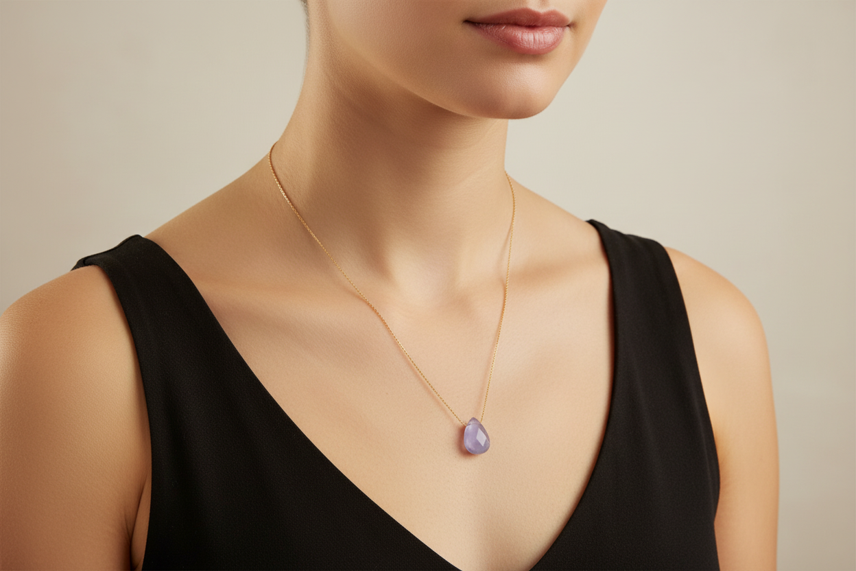 Necklace with a purple cat's eye pendant on a model