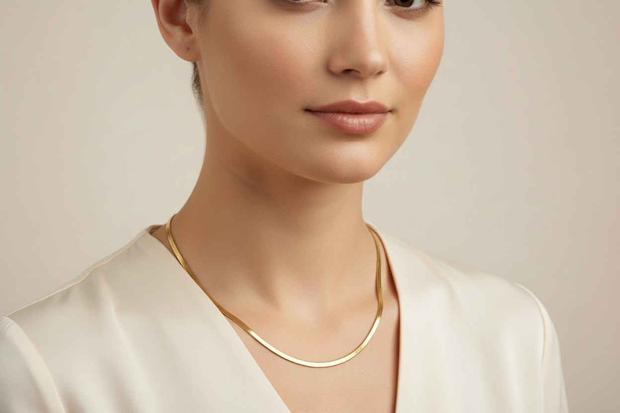 Gold herringbone chain necklace on a model