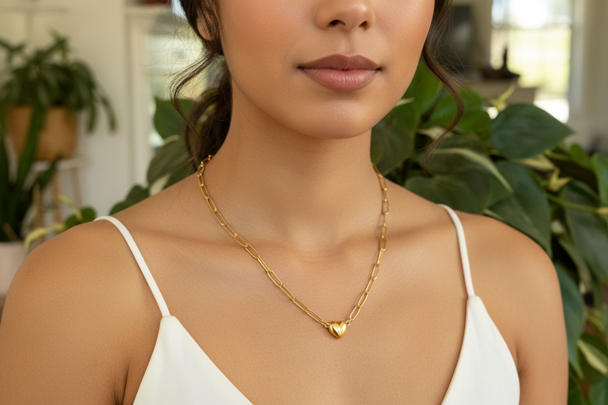 Gold paperclip chain necklace on a model