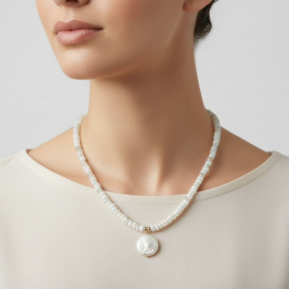 Pearl necklace worn by a model on a plain background