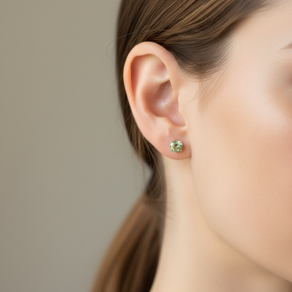 Two green stud aquamarine earrings on a model