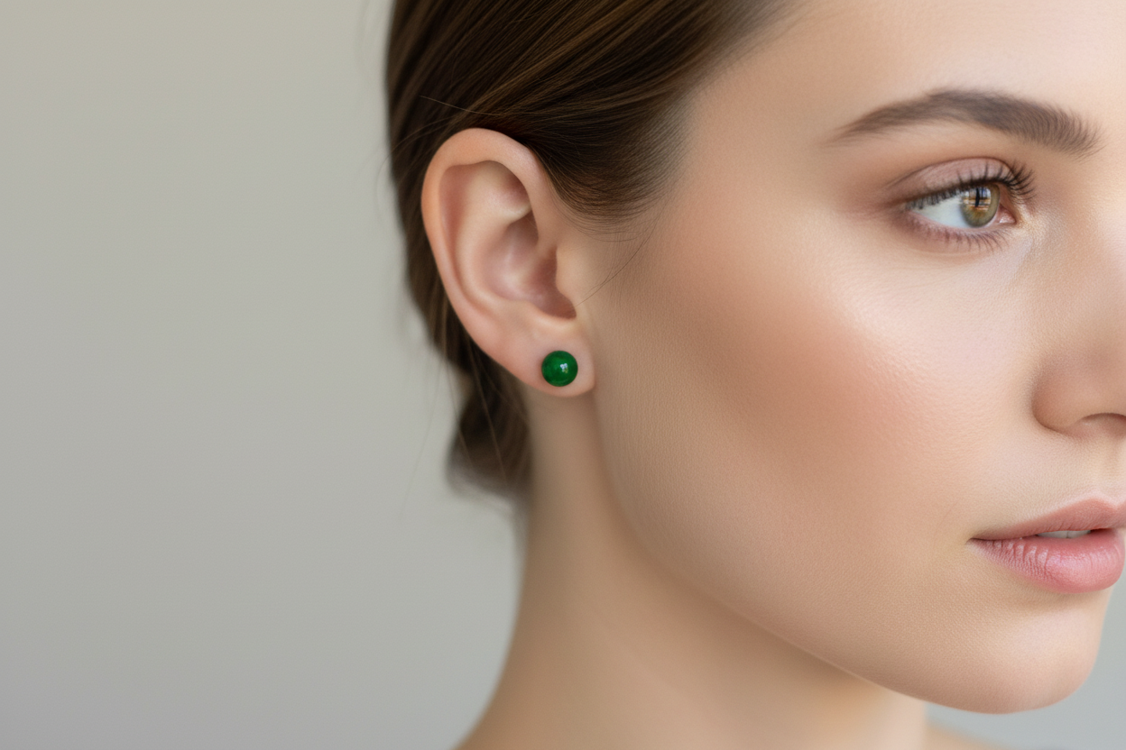 Green stud jade earring on a model with a neutral background