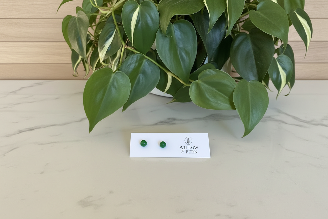 Two green stud jade earrings on a Willow & Fern card sitting on a white marble counter with a plant in the background