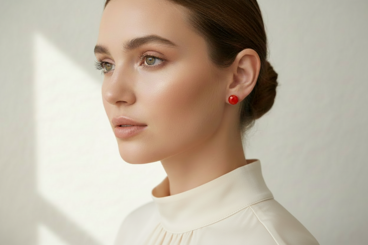 Two red Jade stud earrings on a model