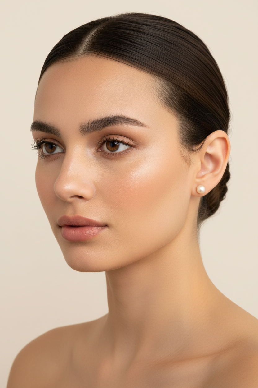 Two white pearl earrings on a model with a neutral background