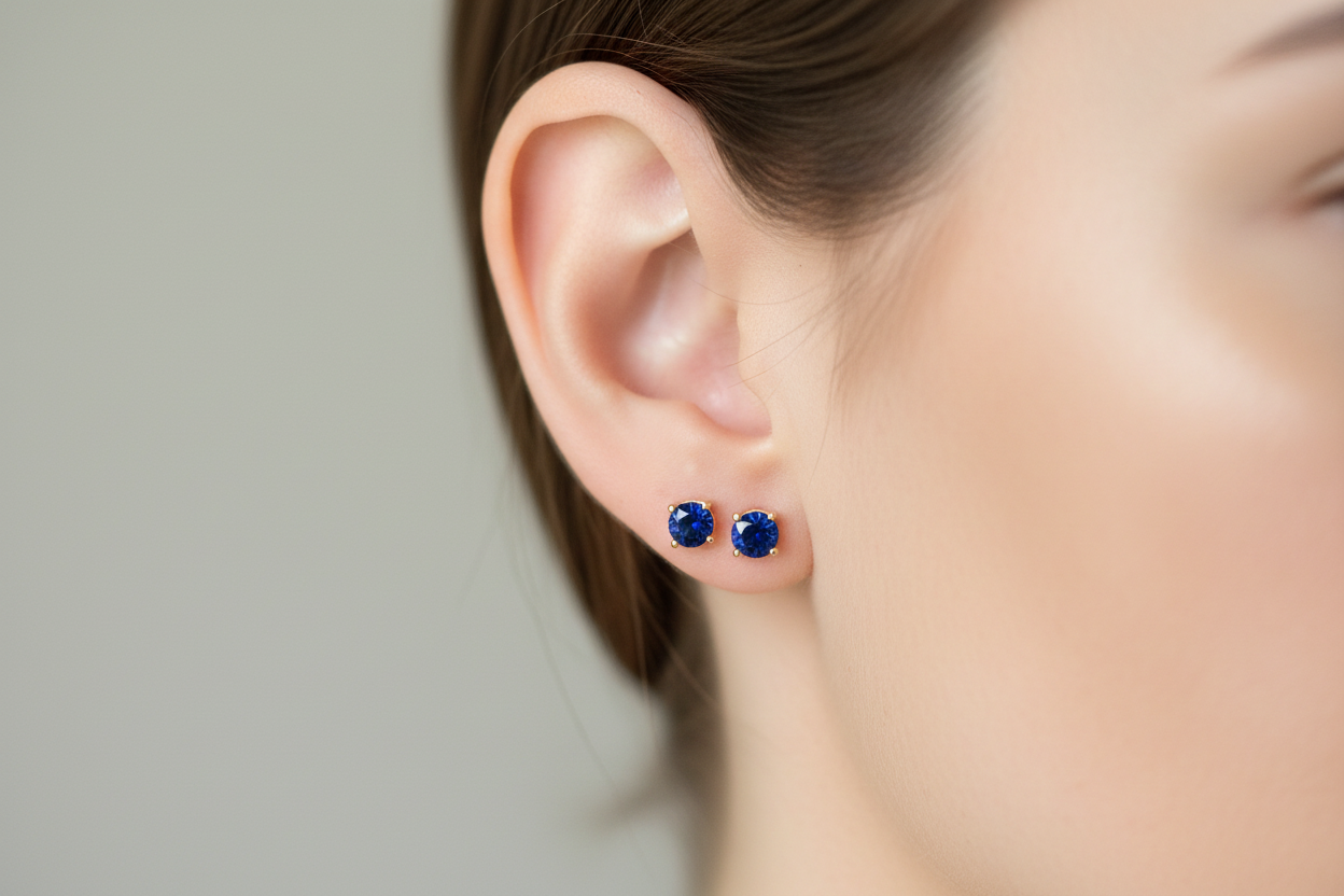 Two dark blue stud sapphire earrings on a model