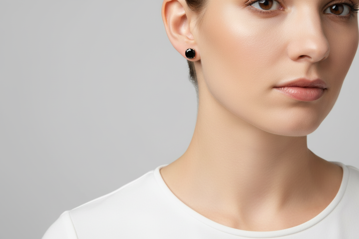 Two black stud tourmaline earrings on a model