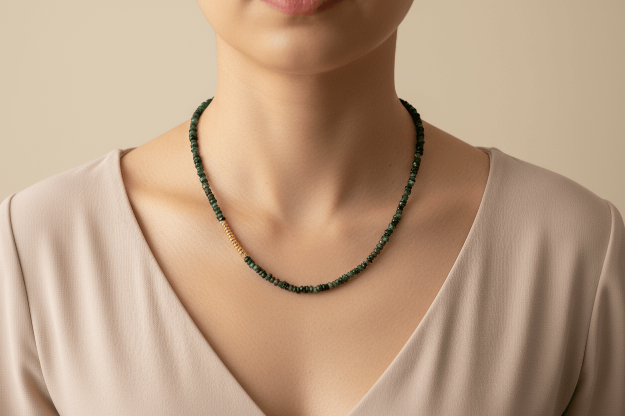 Necklace with green emerald beads and gold spacers worn by a person in a beige top against a neutral background