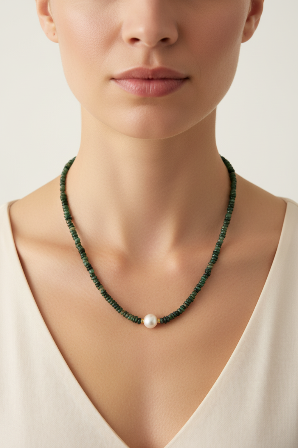 Necklace with emerald green beads and a pearl on a model