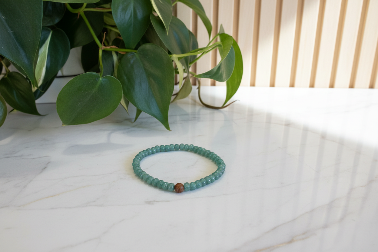 Green jade bracelet with a wooden bead on a white countertop