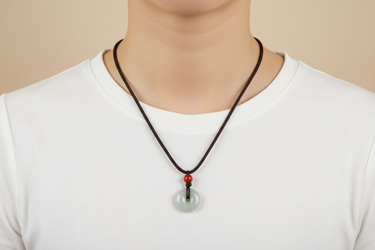 Necklace with a jade pendant on a model who is wearing a white tshirt