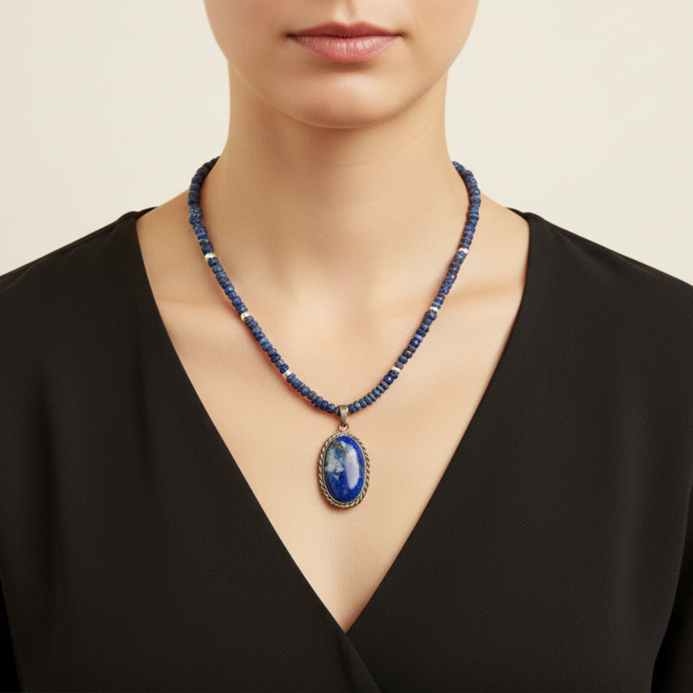 Person wearing a black top with a blue lapis lazuli beaded necklace featuring a pendant.