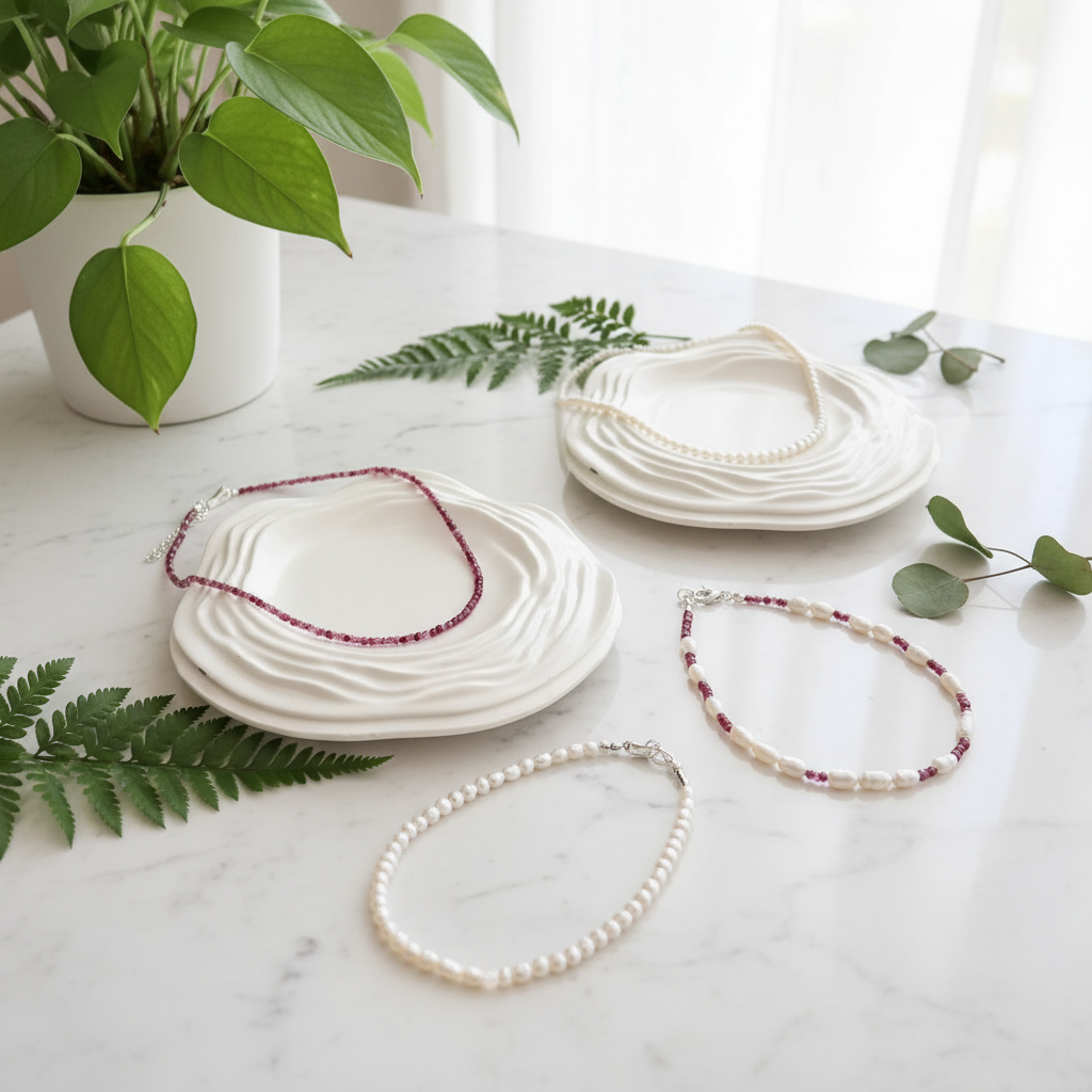 Necklace - Choker Collection on Marble with Greenery