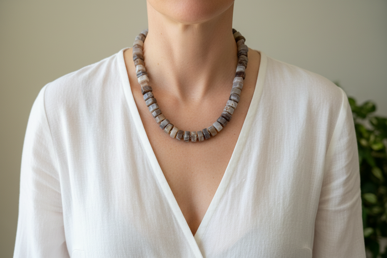 Botswana Agate Necklace on a model with green plants in the background