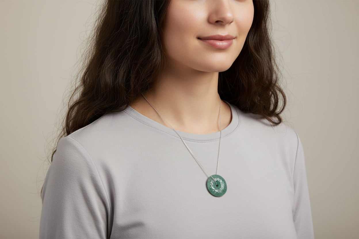 Necklace with a carved jade pendant on a model