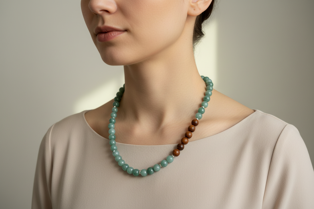 Necklace with jade and wooden beads on a model