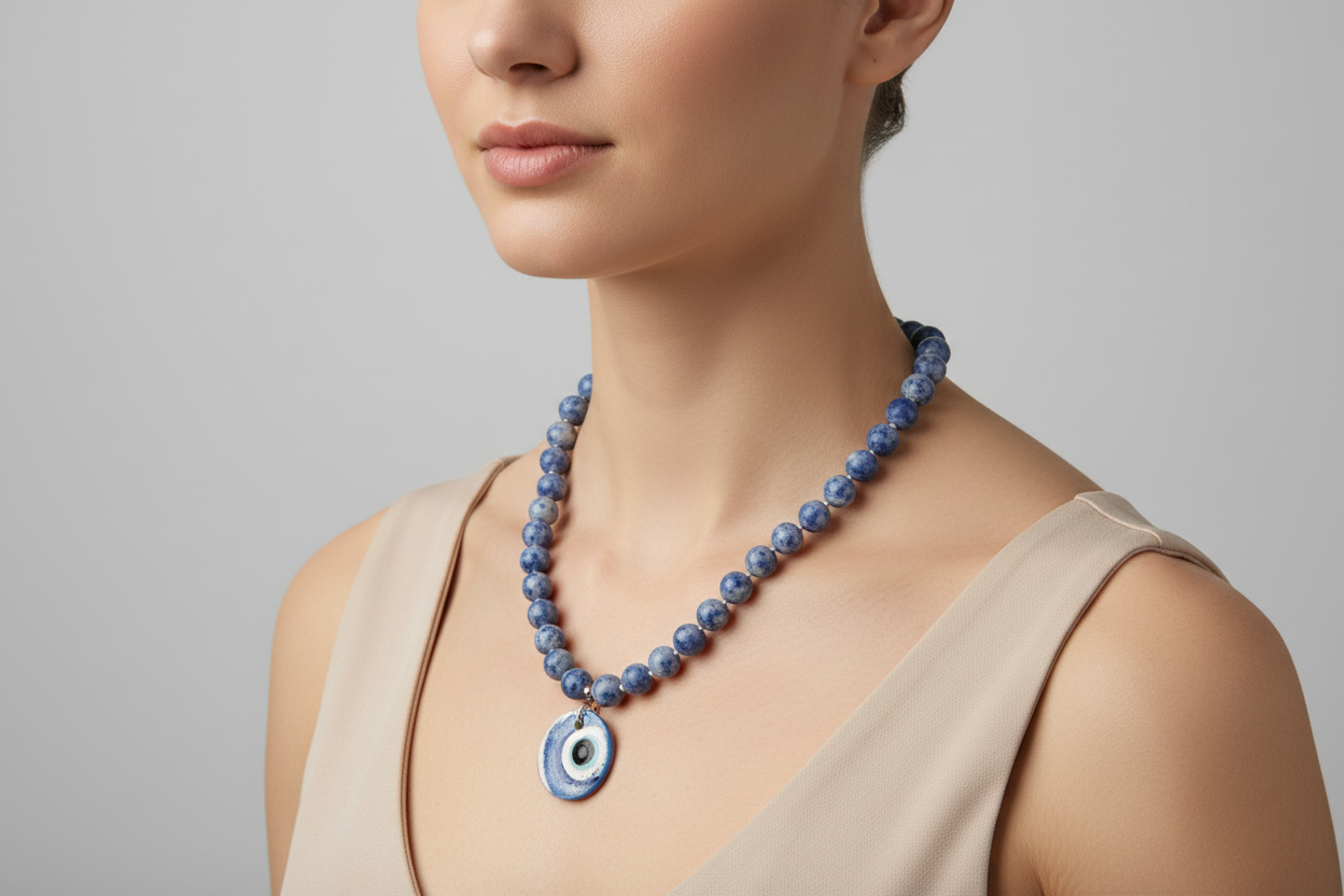 Necklace with blue and white beads and a ceramic charm on a model