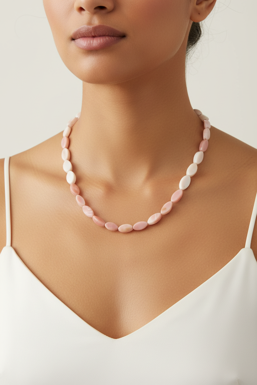 Woman wearing a pink beaded necklace against a neutral background