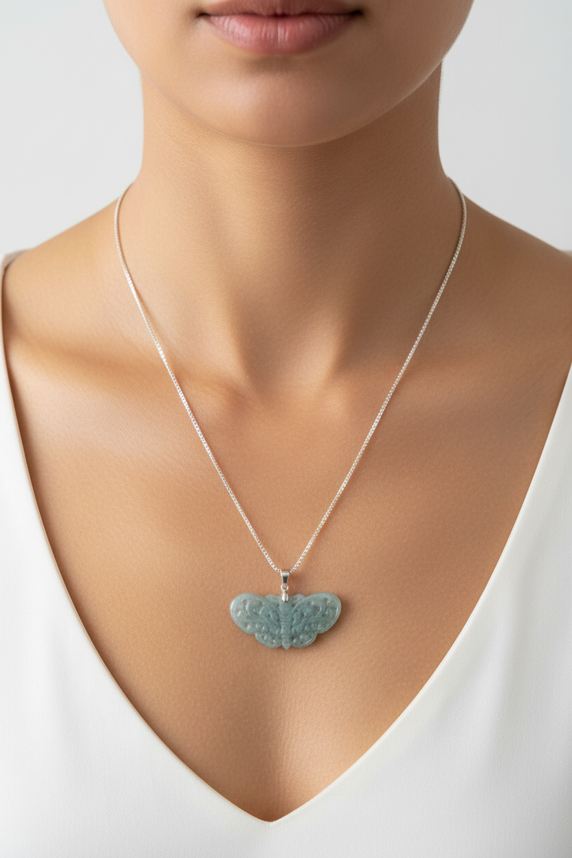 Necklace with a green jade butterfly pendant on a model