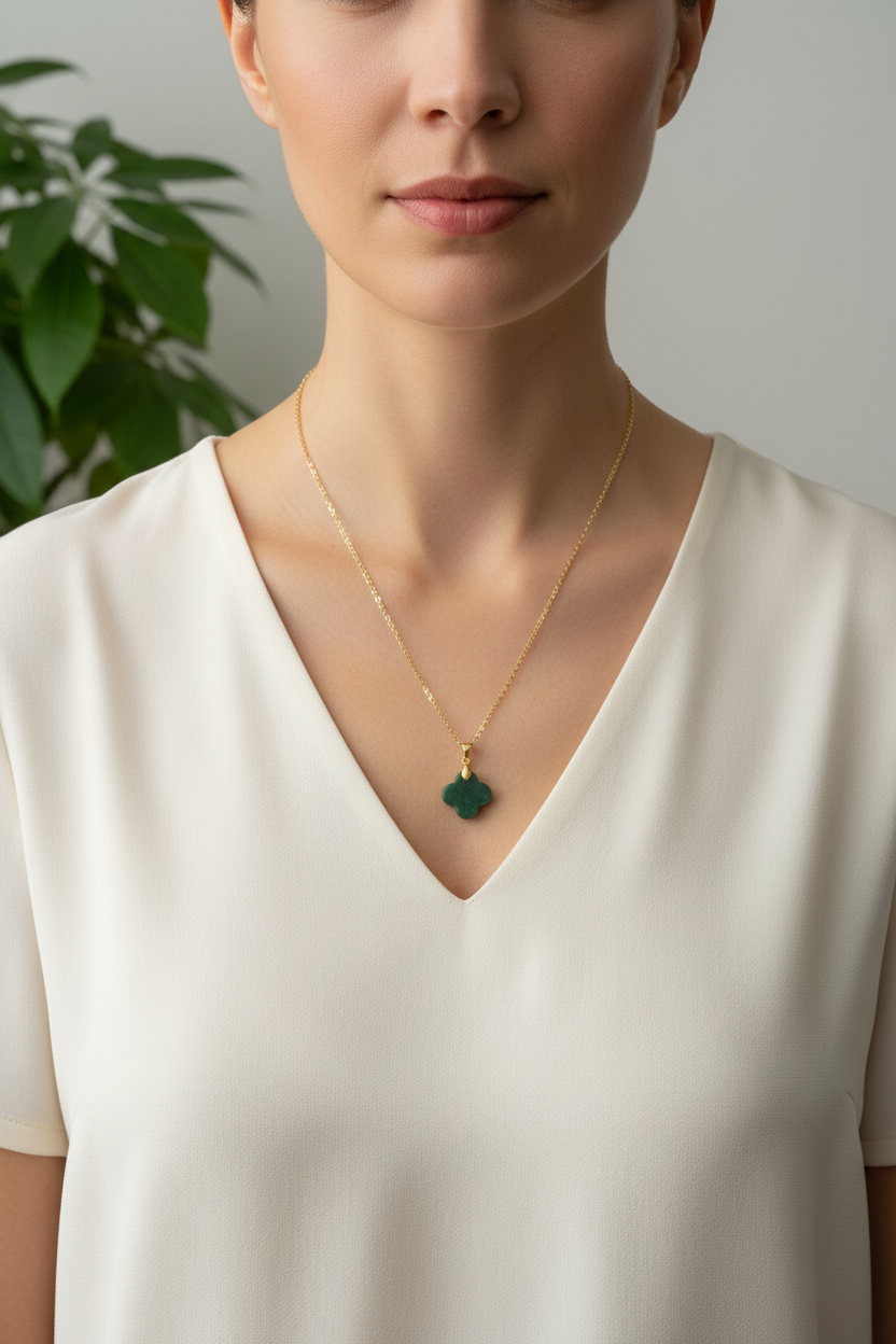 Gold necklace with a green jade clover pendant on a model with a light colored shirt on.