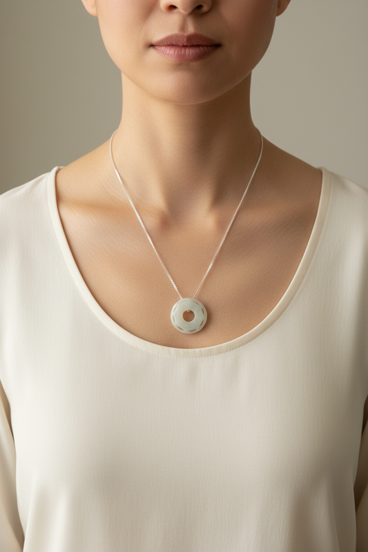 Necklace with a light green jade pendant on a model