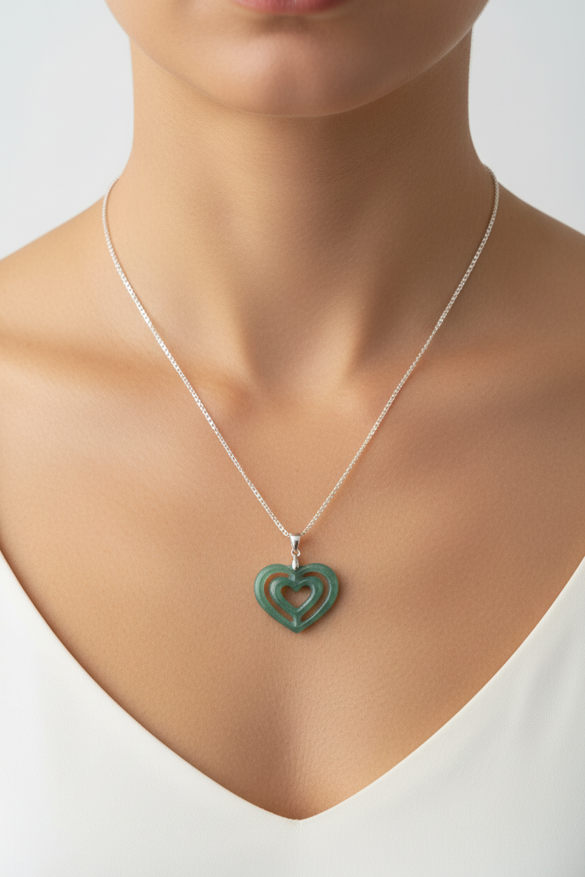 Necklace with a green jade heart pendant on a model with a plain background