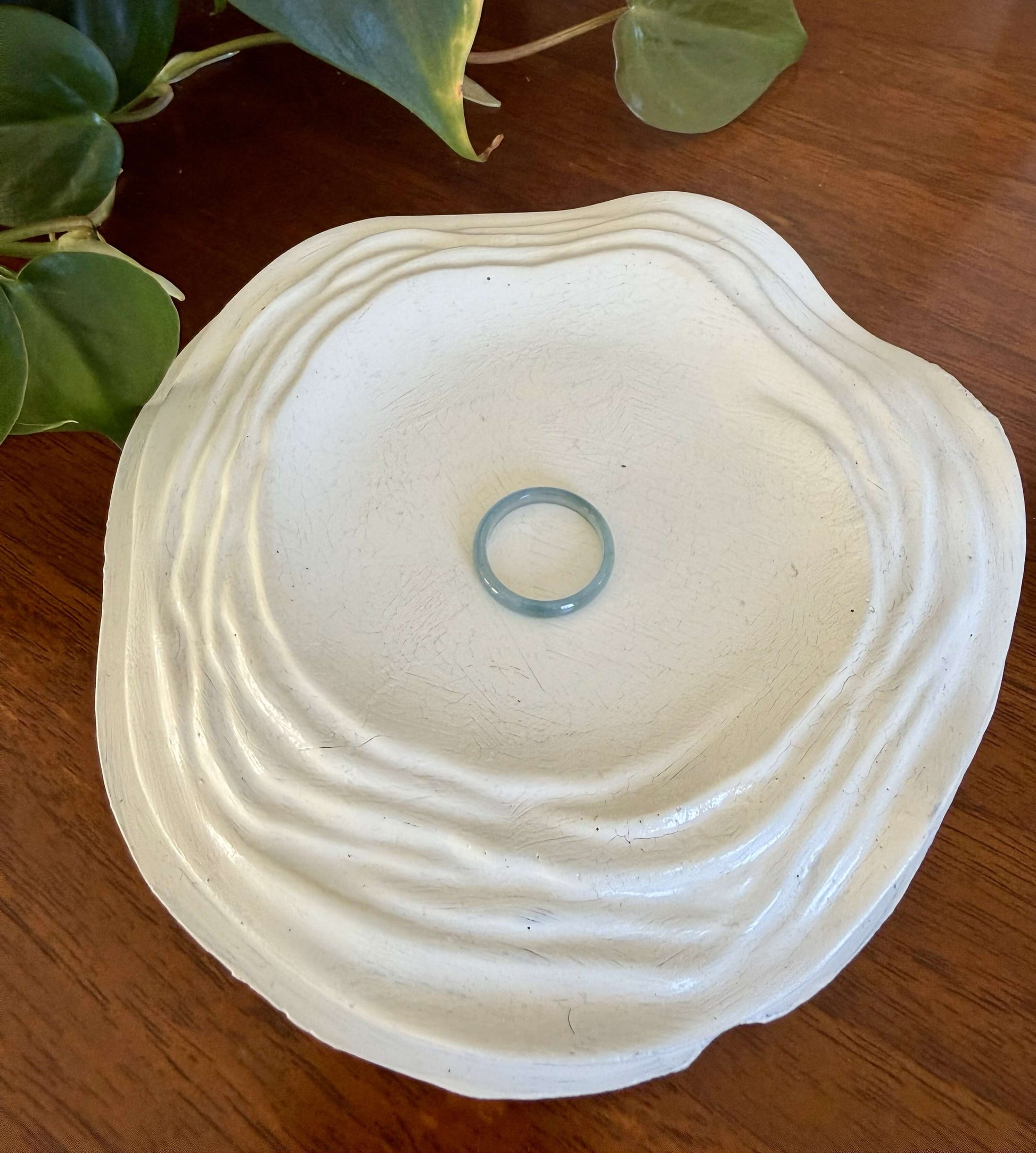 Thin green jade ring on a decorative white dish with a plant in the background