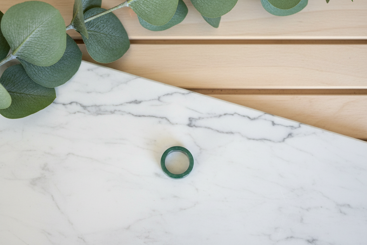 Thick green jade ring on a marble counter with a plant in the background