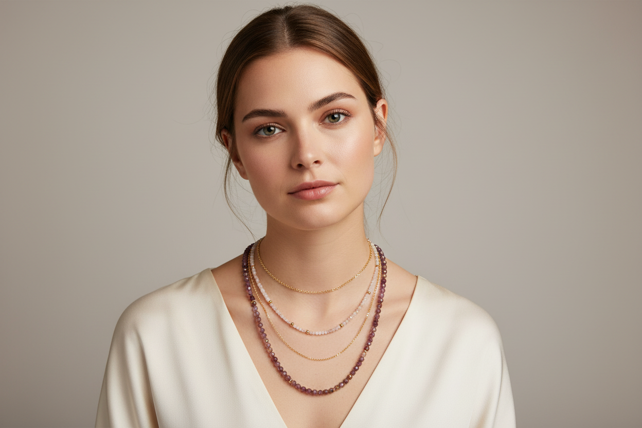 Several gemstone and gold necklaces layered on a model