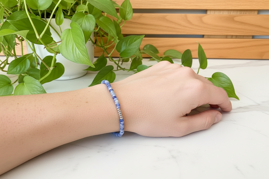 blue beaded bracelet on a model