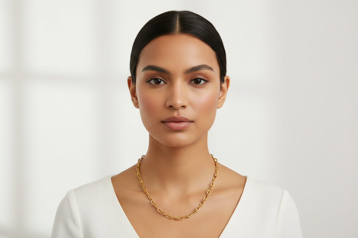 Textured gold chain necklace on a model